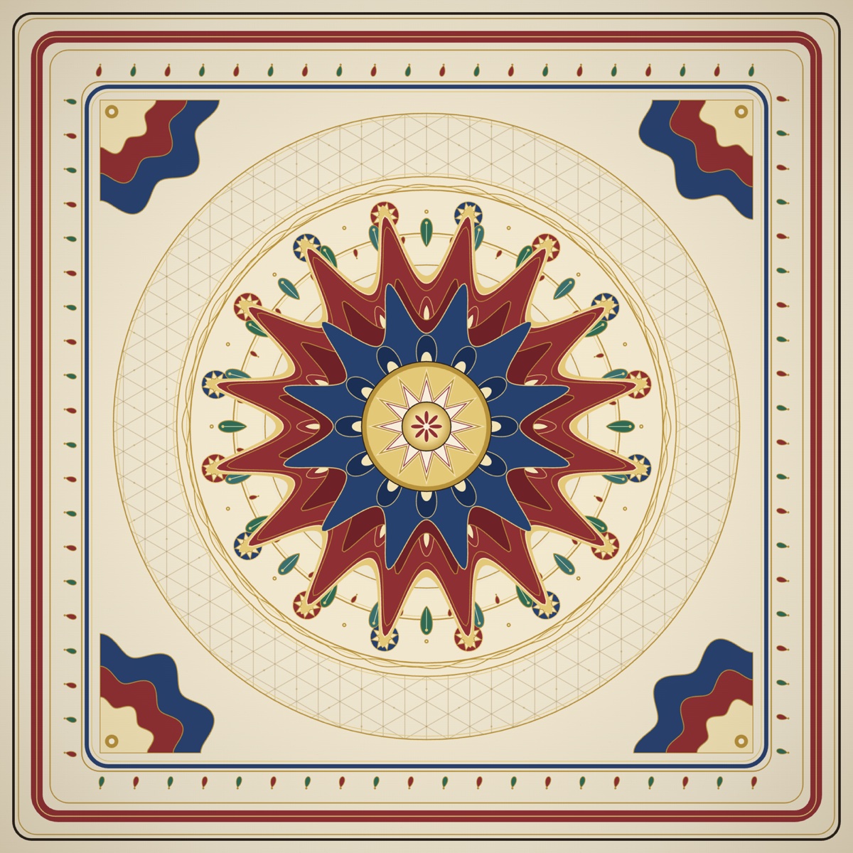 A symmetrical Mughal medallion: a glowing central shamsa inside interlaced crimson and lapis stars, ringed by an 8-point girih star band, a jali lattice, and a multi-rule carpet border, in jewel tones on ivory.